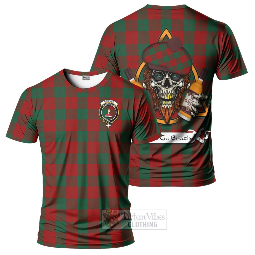 Tartan Vibes Clothing Erskine Tartan T-Shirt with Family Crest and Bearded Skull Holding Bottles of Whiskey