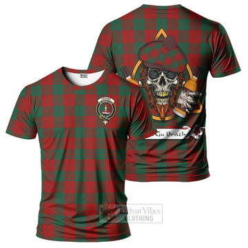 Erskine Tartan T-Shirt with Family Crest and Bearded Skull Holding Bottles of Whiskey