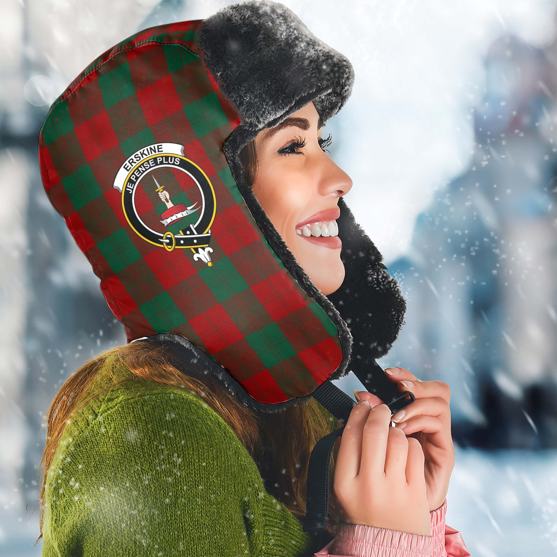 Erskine Tartan Winter Trapper Hat with Family Crest Winter Trapper Hat Universal Fit Circumference 22.8in (58cm) - Tartanvibesclothing