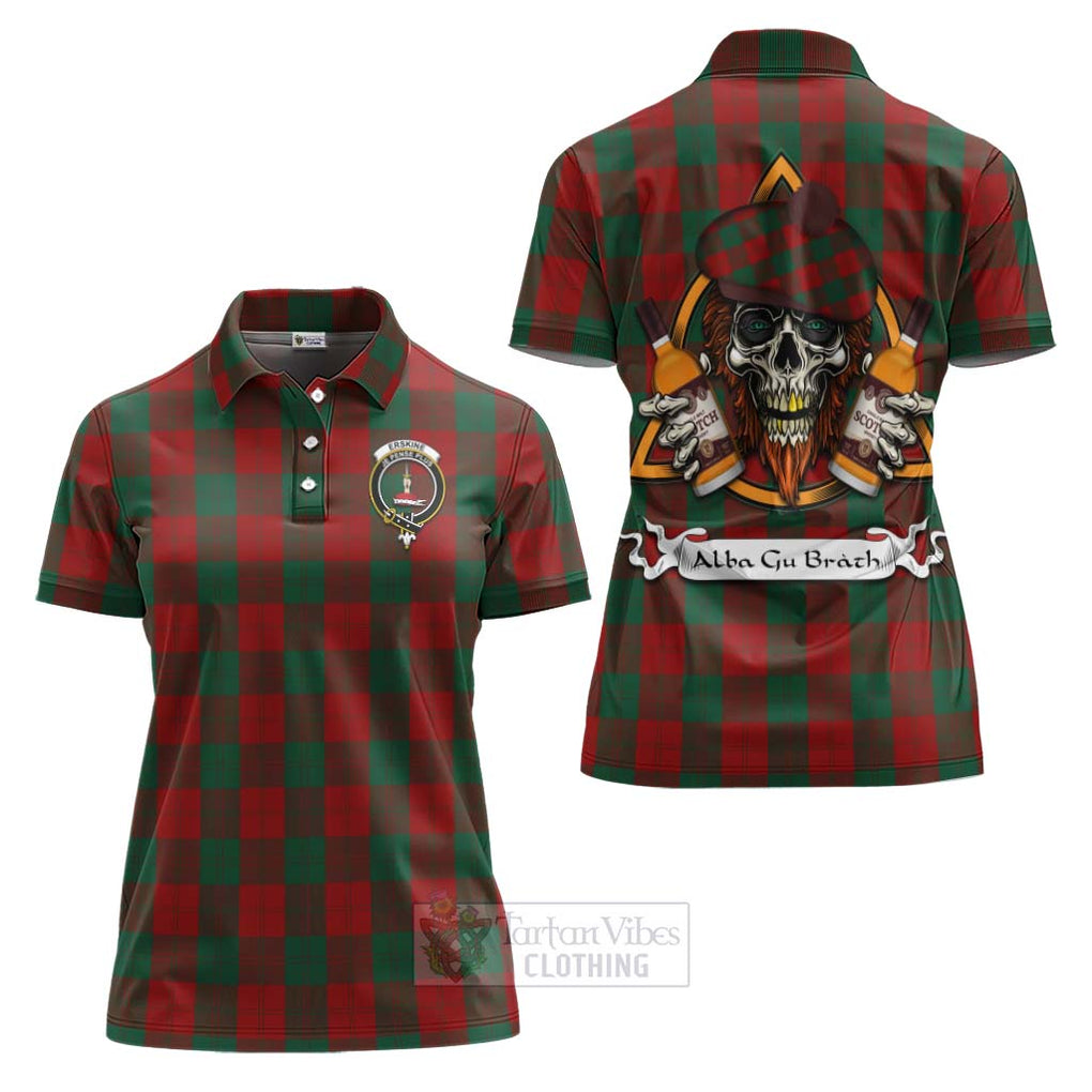 Tartan Vibes Clothing Erskine Tartan Women's Polo Shirt with Family Crest and Bearded Skull Holding Bottles of Whiskey