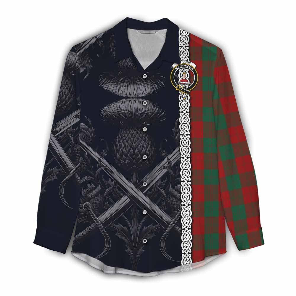 Tartan Vibes Clothing Erskine Tartan Women's Casual Shirt with Family Crest Cross Sword Thistle Celtic Vibes