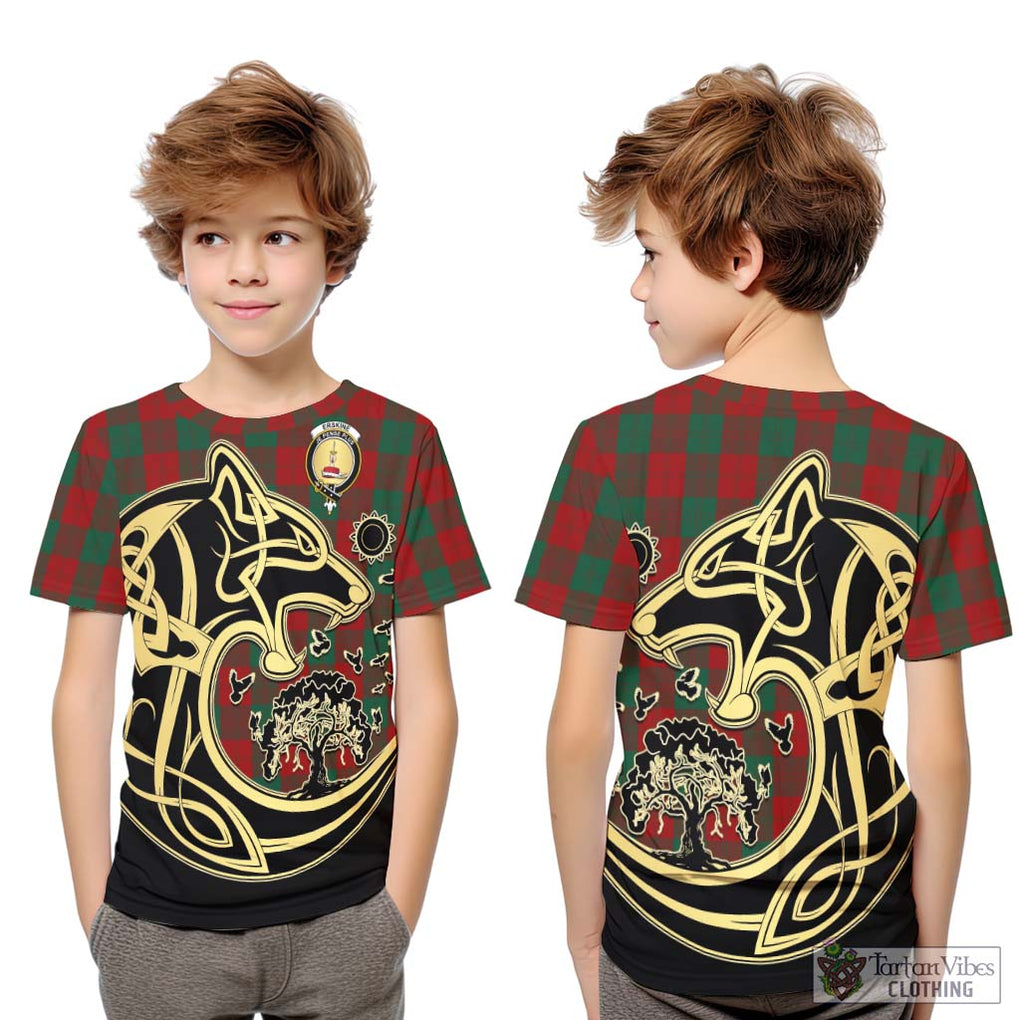 Erskine Tartan Kid T-Shirt with Family Crest Celtic Wolf Style Youth XL Size14 - Tartan Vibes Clothing