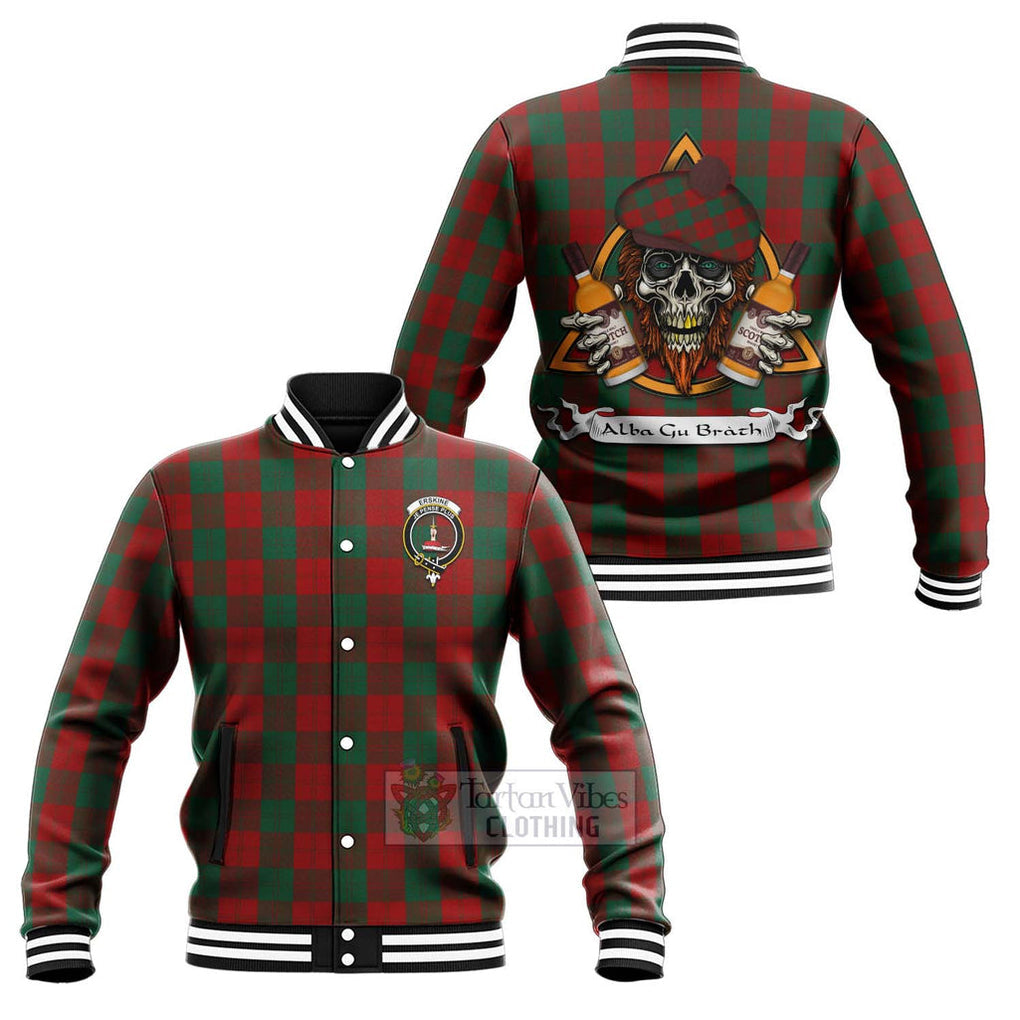 Tartan Vibes Clothing Erskine Tartan Baseball Jacket with Family Crest and Bearded Skull Holding Bottles of Whiskey