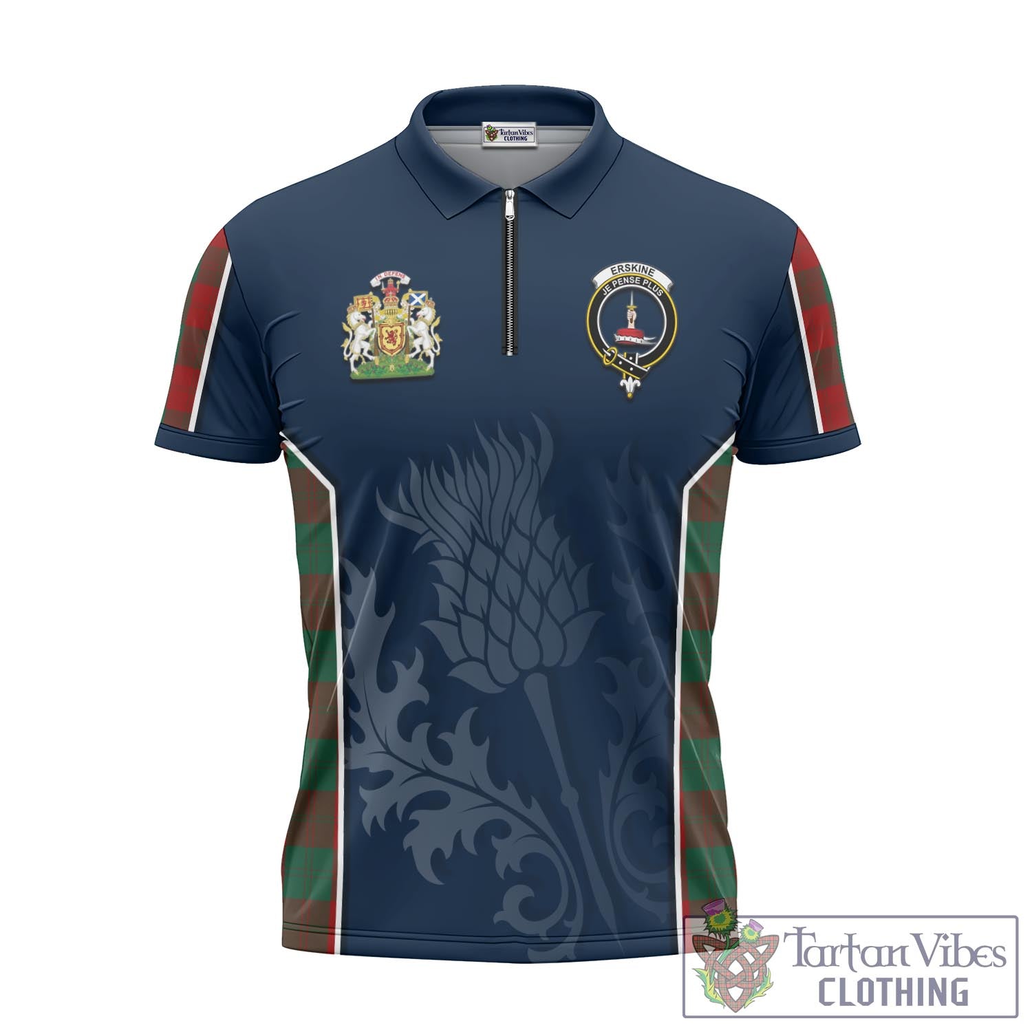 Tartan Vibes Clothing Erskine Tartan Zipper Polo Shirt with Family Crest and Scottish Thistle Vibes Sport Style