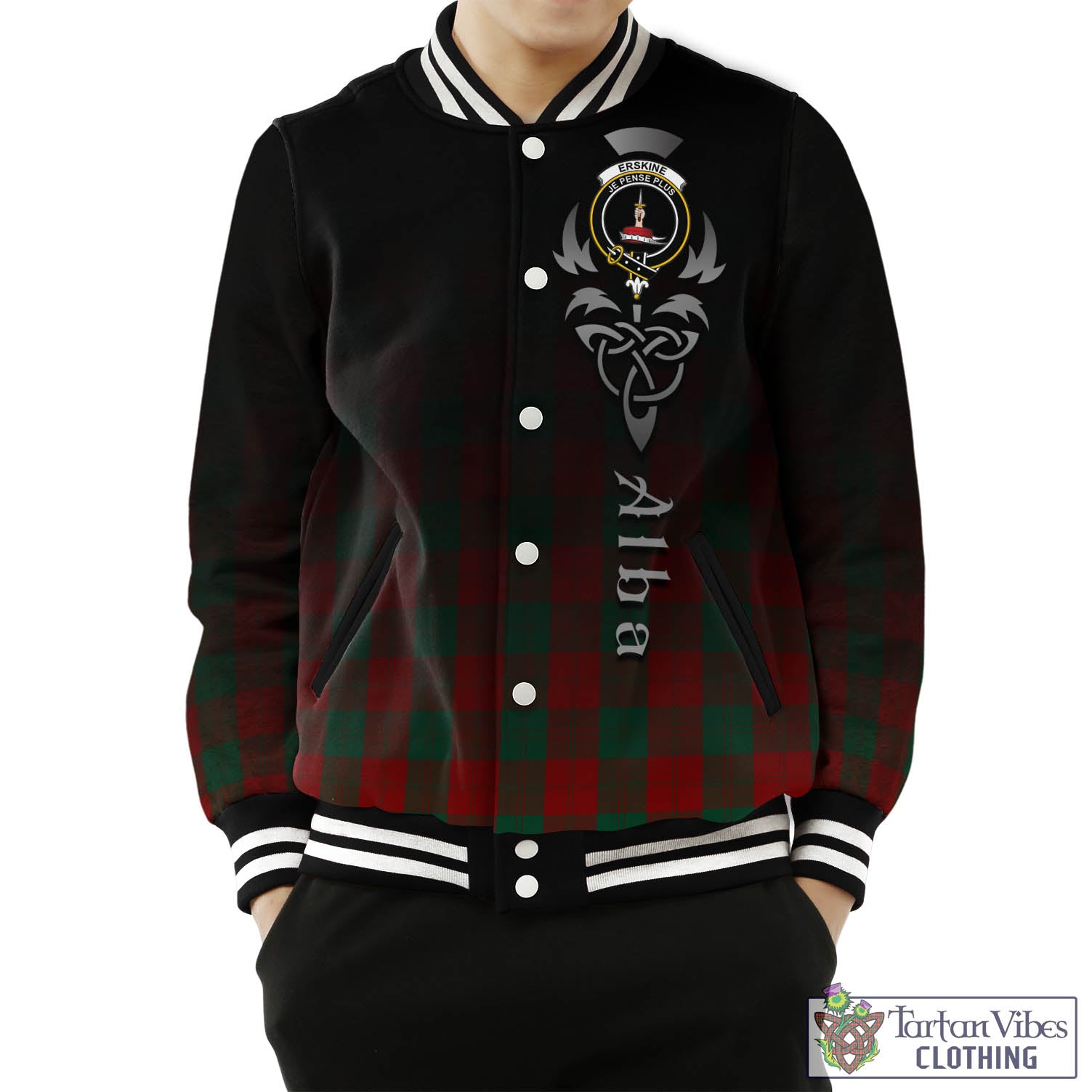 Tartan Vibes Clothing Erskine Tartan Baseball Jacket Featuring Alba Gu Brath Family Crest Celtic Inspired