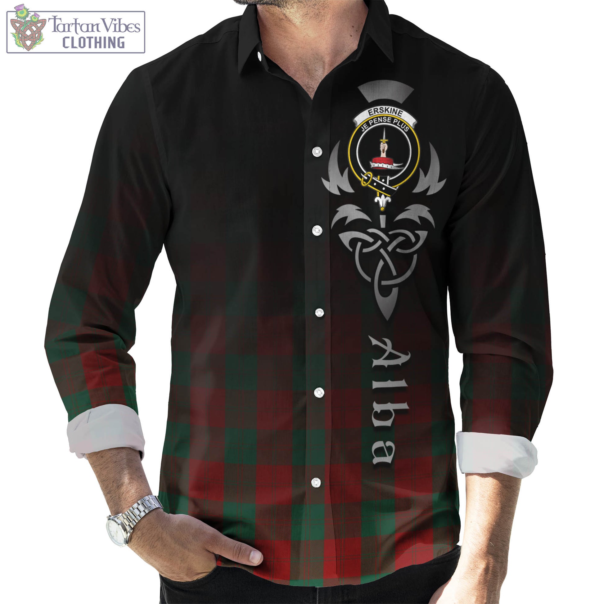 Tartan Vibes Clothing Erskine Tartan Long Sleeve Button Up Featuring Alba Gu Brath Family Crest Celtic Inspired