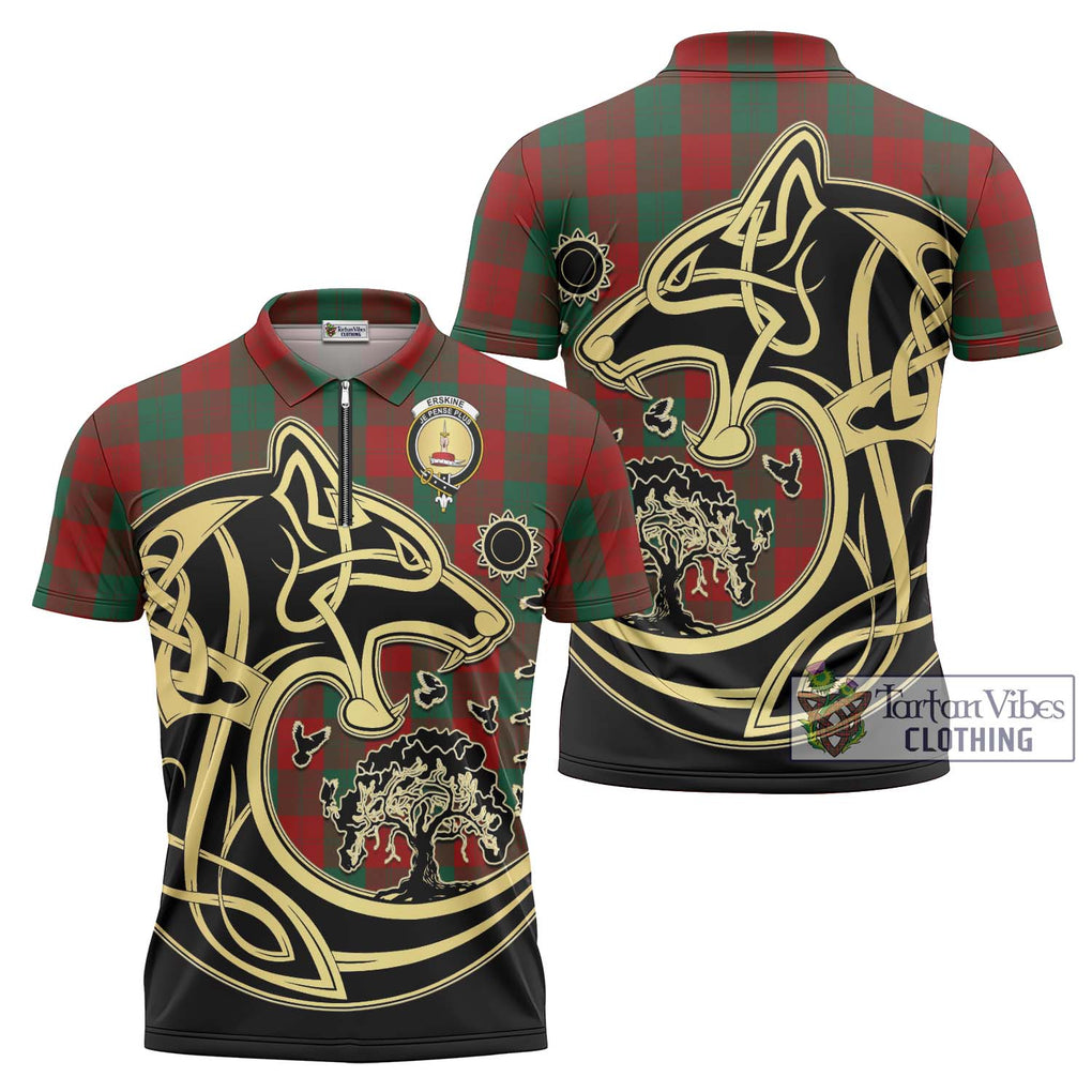 Erskine Tartan Zipper Polo Shirt with Family Crest Celtic Wolf Style Unisex - Tartanvibesclothing Shop