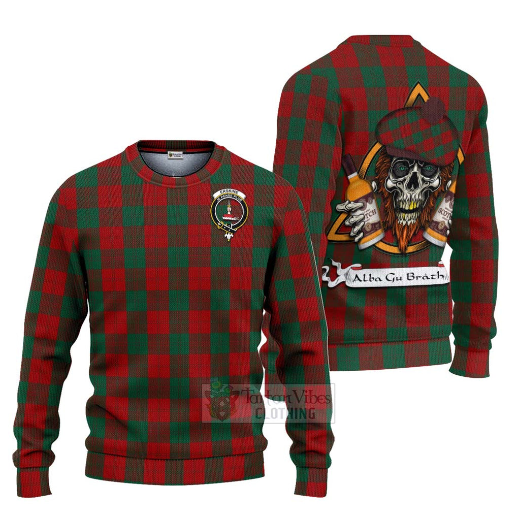 Tartan Vibes Clothing Erskine Tartan Knitted Sweater with Family Crest and Bearded Skull Holding Bottles of Whiskey