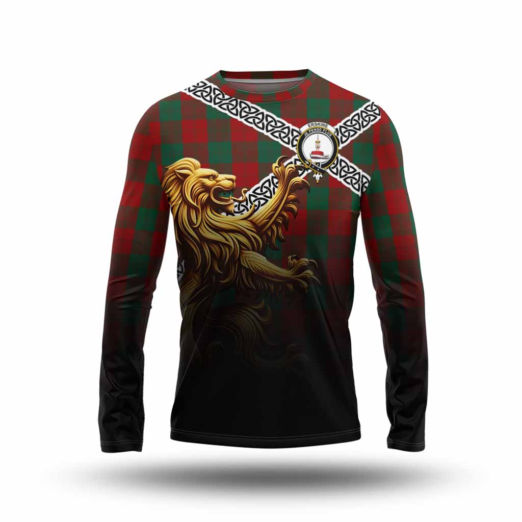Erskine Crest Tartan Long Sleeve T-Shirt with Golden Lion Emblem Celtic Style Unisex - Tartan Vibes Clothing