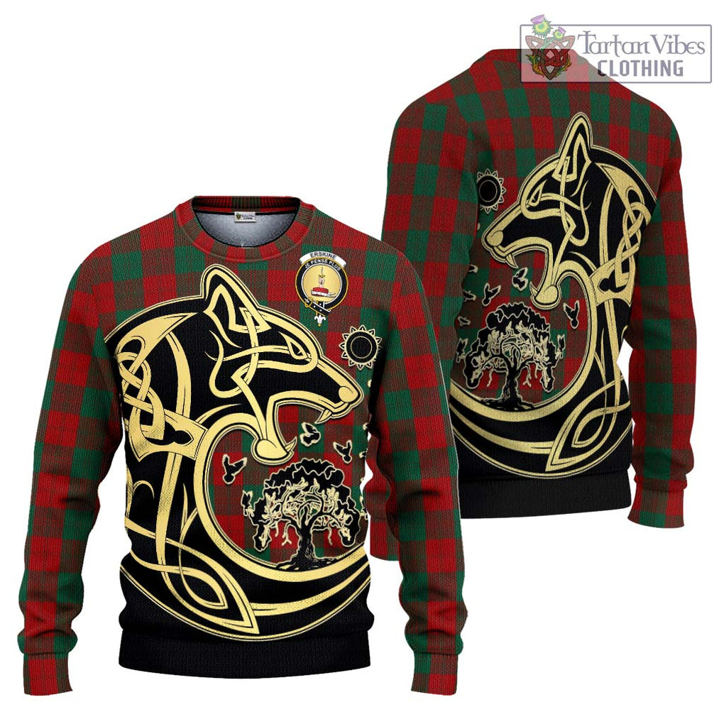 Erskine Tartan Knitted Sweater with Family Crest Celtic Wolf Style Unisex - Tartan Vibes Clothing