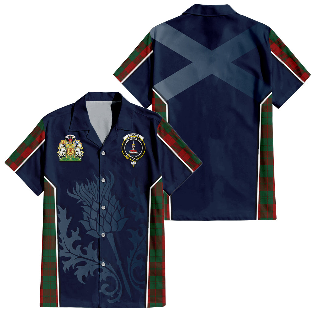 Tartan Vibes Clothing Erskine Tartan Short Sleeve Button Up Shirt with Family Crest and Scottish Thistle Vibes Sport Style