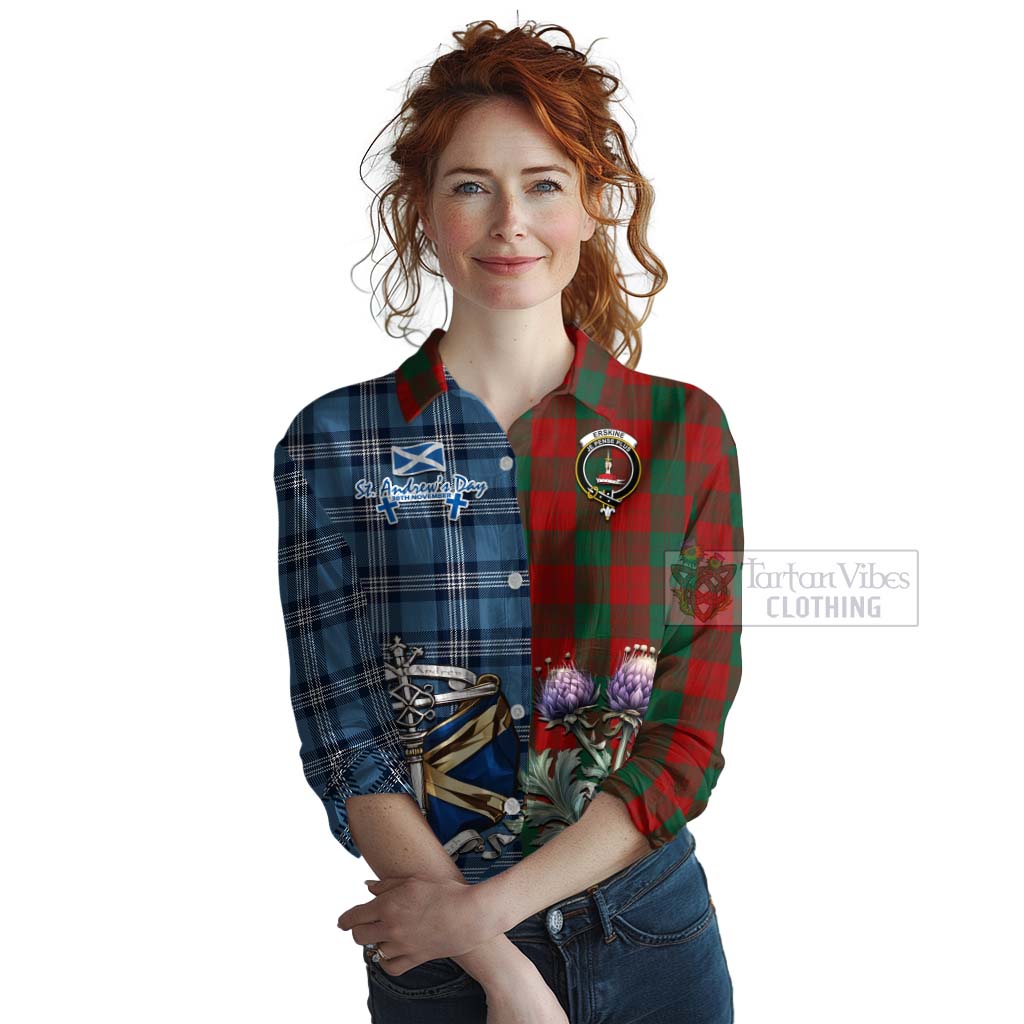 Tartan Vibes Clothing Erskine Tartan Women's Casual Shirt Happy St. Andrew's Day Half Tartan Style