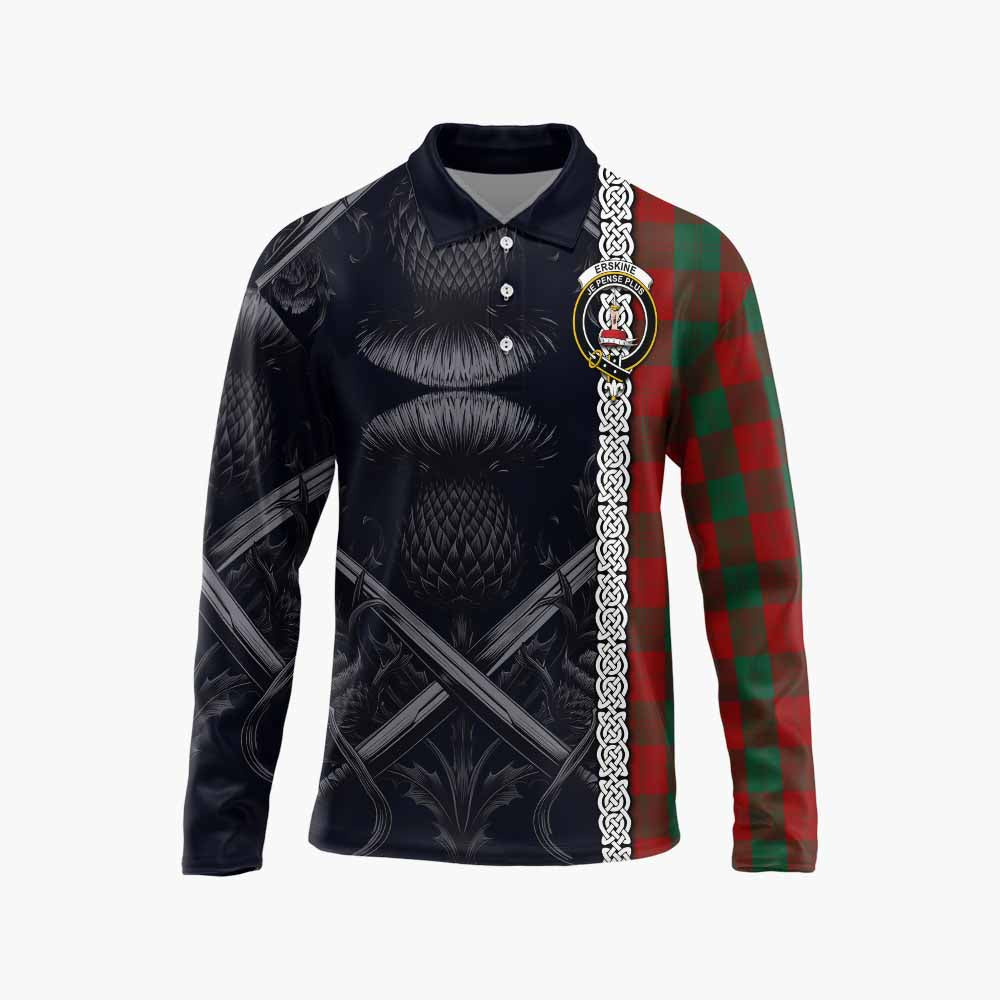 Tartan Vibes Clothing Erskine Tartan Long Sleeve Polo Shirt with Family Crest Cross Sword Thistle Celtic Vibes