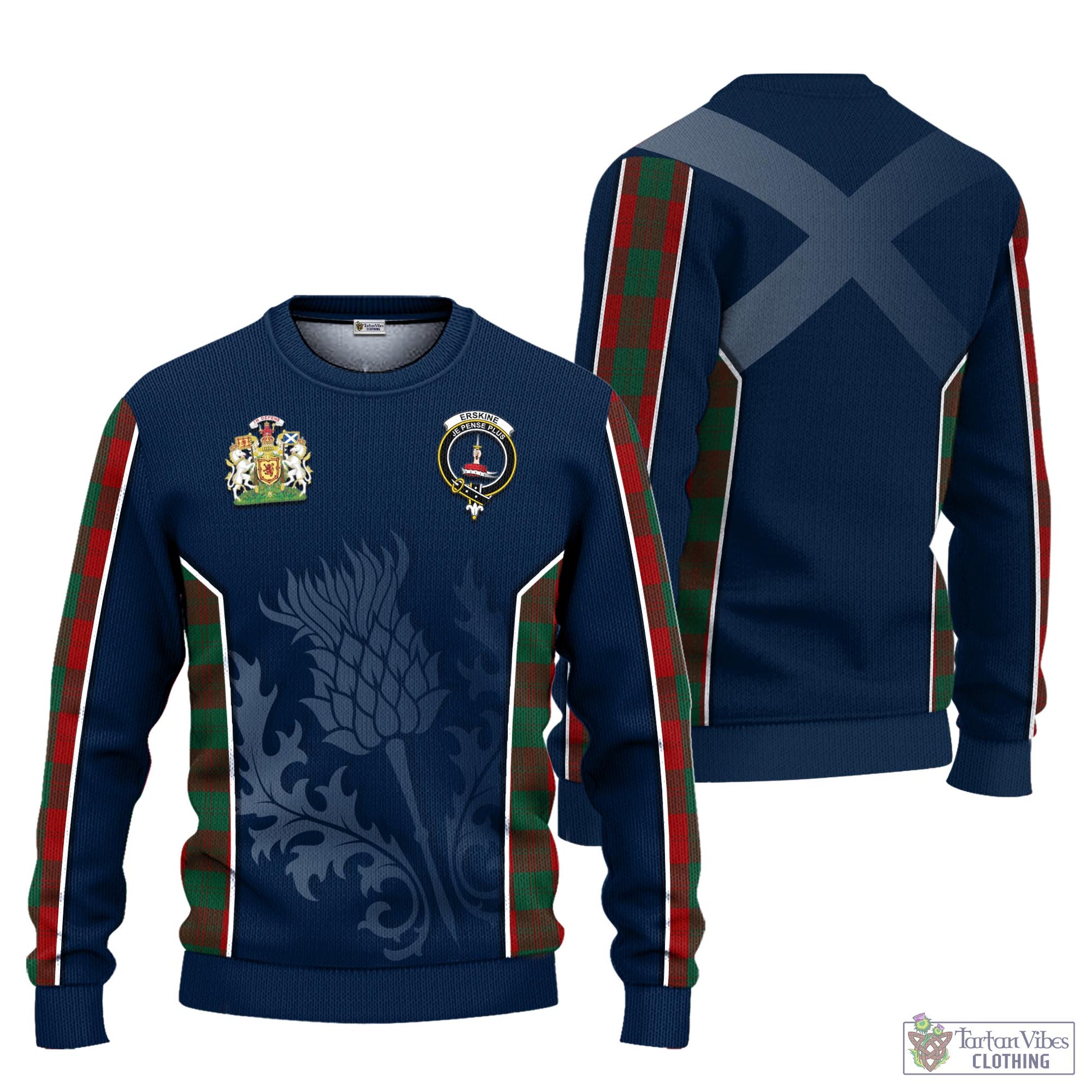 Tartan Vibes Clothing Erskine Tartan Knitted Sweatshirt with Family Crest and Scottish Thistle Vibes Sport Style