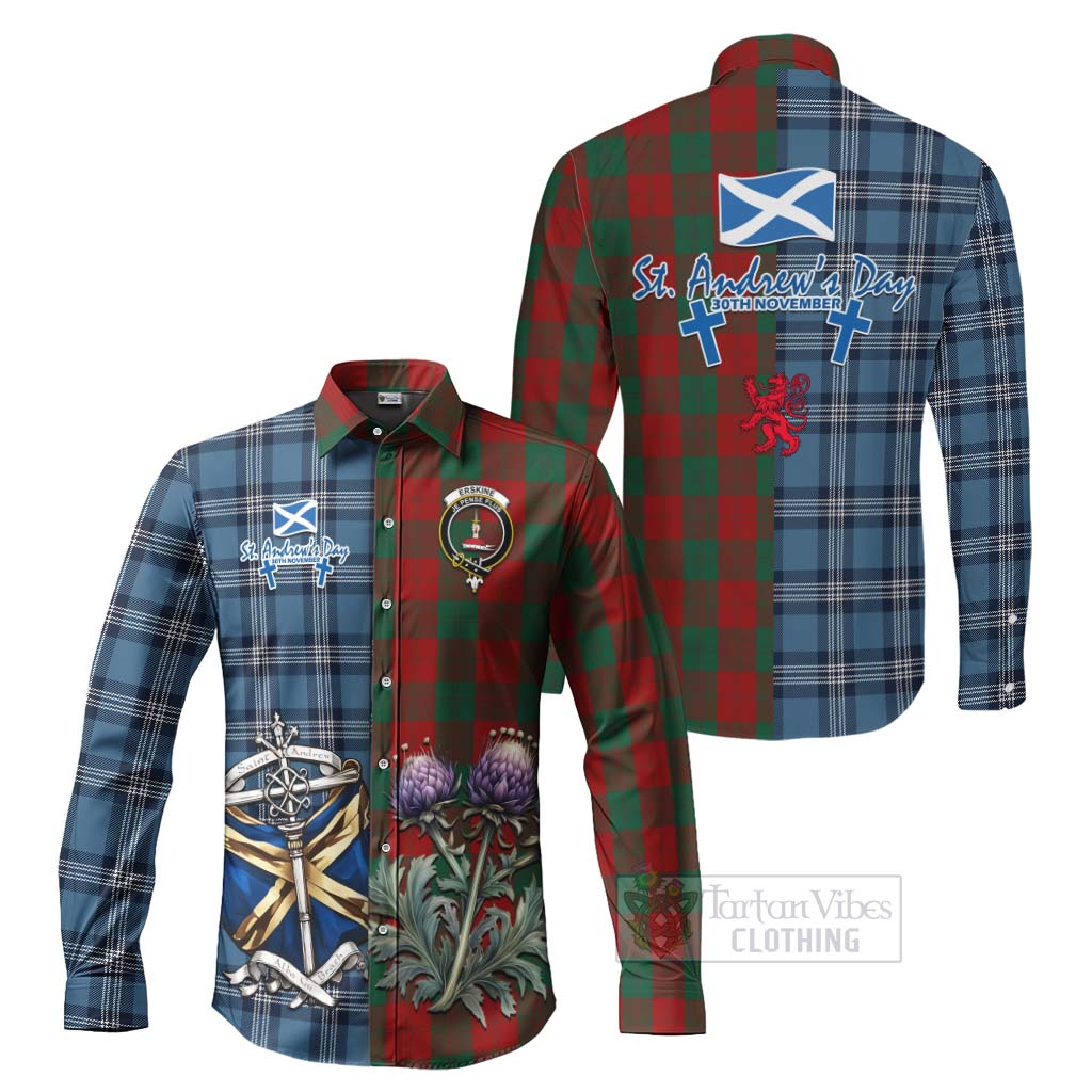 Tartan Vibes Clothing Erskine Tartan Long Sleeve Button Shirt Happy St. Andrew's Day Half Tartan Style