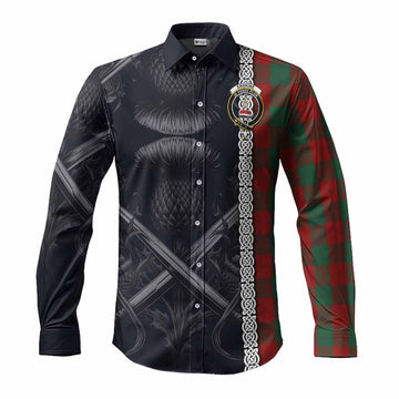 Erskine Tartan Long Sleeve Button Shirt with Family Crest Cross Sword Thistle Celtic Vibes