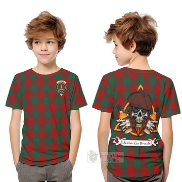 Erskine Tartan Kid T-Shirt with Family Crest and Bearded Skull Holding Bottles of Whiskey