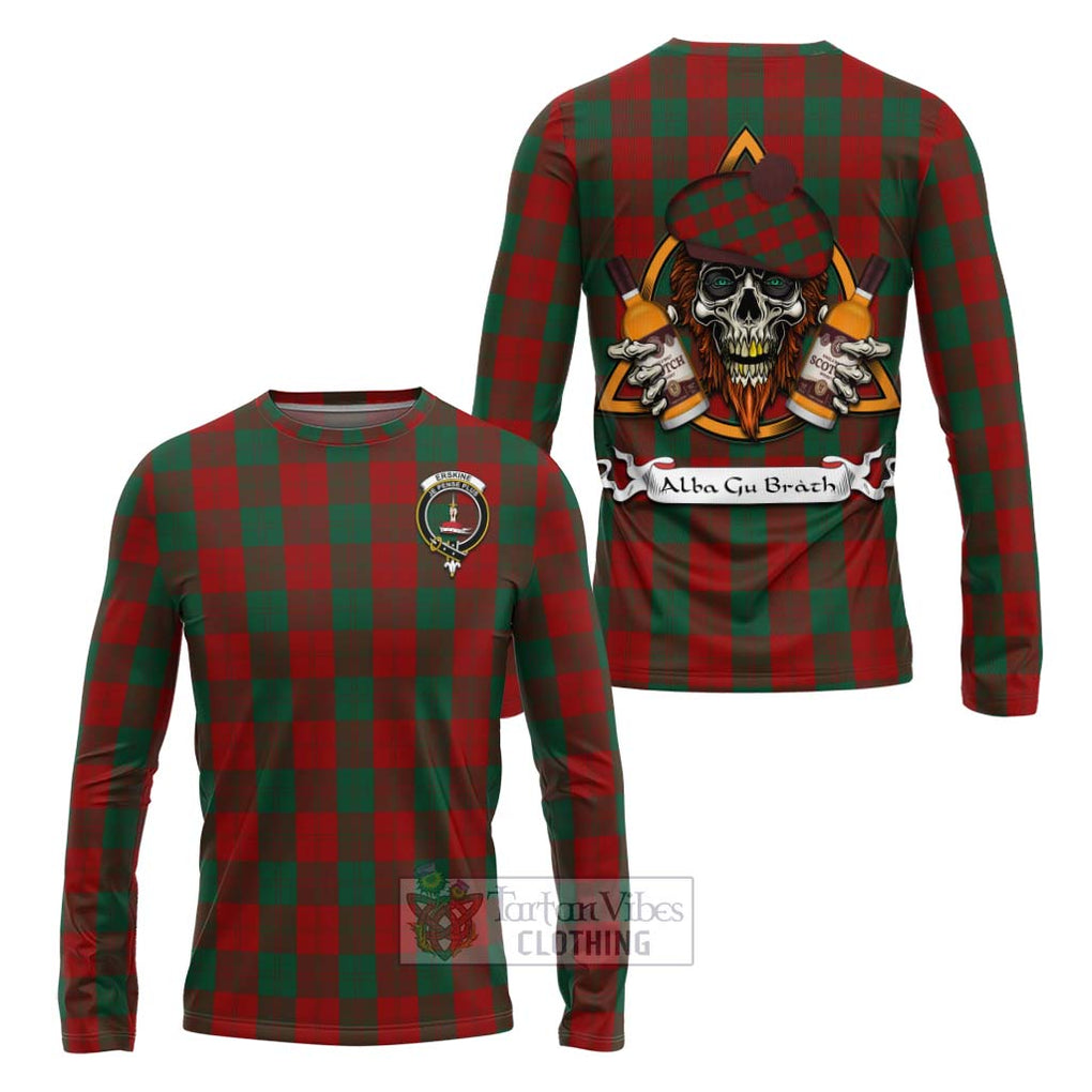 Tartan Vibes Clothing Erskine Tartan Long Sleeve T-Shirt with Family Crest and Bearded Skull Holding Bottles of Whiskey