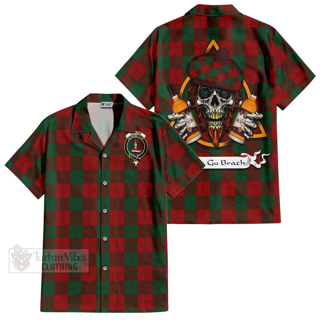 Tartan Vibes Clothing Erskine Tartan Short Sleeve Button Shirt with Family Crest and Bearded Skull Holding Bottles of Whiskey