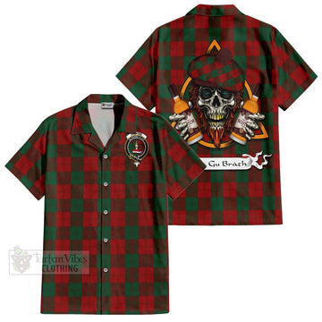 Erskine Tartan Short Sleeve Button Shirt with Family Crest and Bearded Skull Holding Bottles of Whiskey