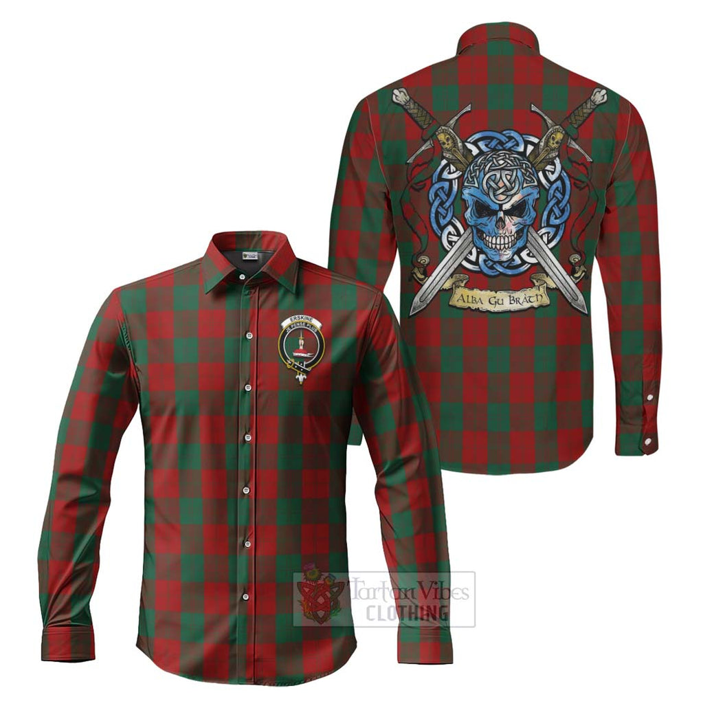 Tartan Vibes Clothing Erskine Tartan Long Sleeve Button Shirt with Family Crest Celtic Skull Style