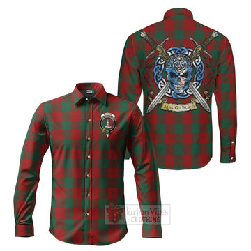 Erskine Tartan Long Sleeve Button Shirt with Family Crest Celtic Skull Style