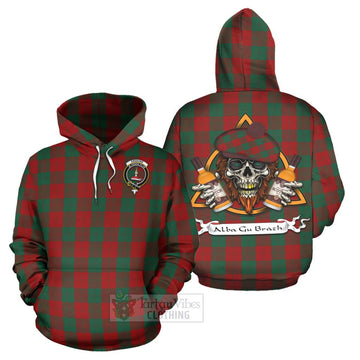 Erskine Tartan Hoodie with Family Crest and Bearded Skull Holding Bottles of Whiskey