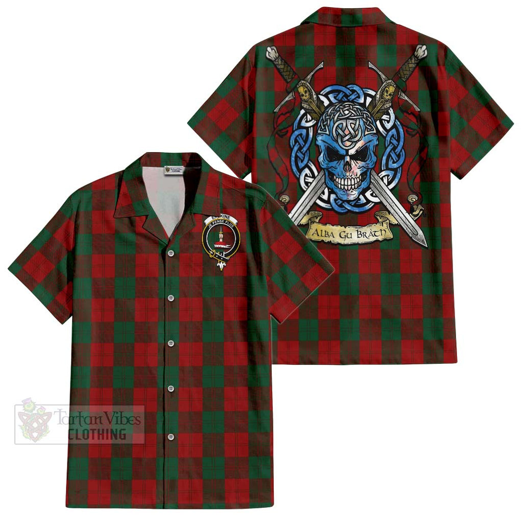 Tartan Vibes Clothing Erskine Tartan Short Sleeve Button Shirt with Family Crest Celtic Skull Style