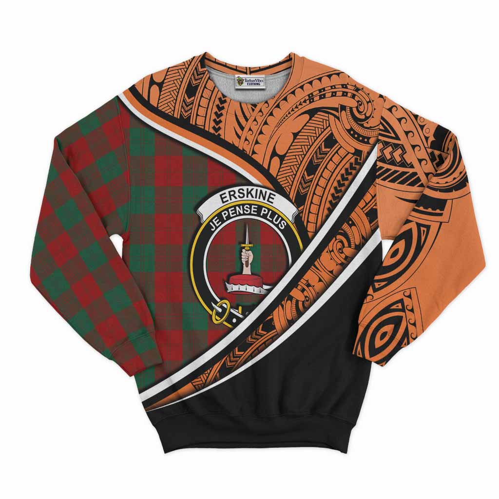 Tartan Vibes Clothing Erskine Crest Tartan Sweatshirt with Maori Tattoo Style - Orange Version