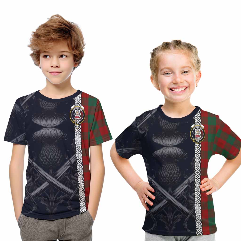 Tartan Vibes Clothing Erskine Tartan Kid T-Shirt with Family Crest Cross Sword Thistle Celtic Vibes