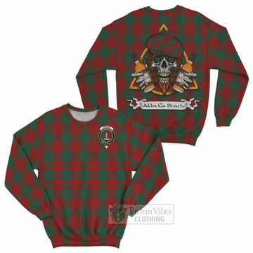 Erskine Tartan Sweatshirt with Family Crest and Bearded Skull Holding Bottles of Whiskey