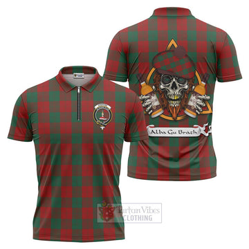 Erskine Tartan Zipper Polo Shirt with Family Crest and Bearded Skull Holding Bottles of Whiskey