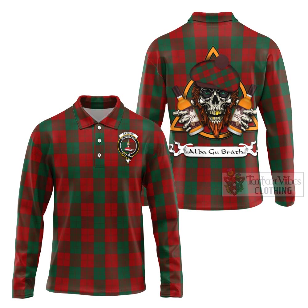 Tartan Vibes Clothing Erskine Tartan Long Sleeve Polo Shirt with Family Crest and Bearded Skull Holding Bottles of Whiskey