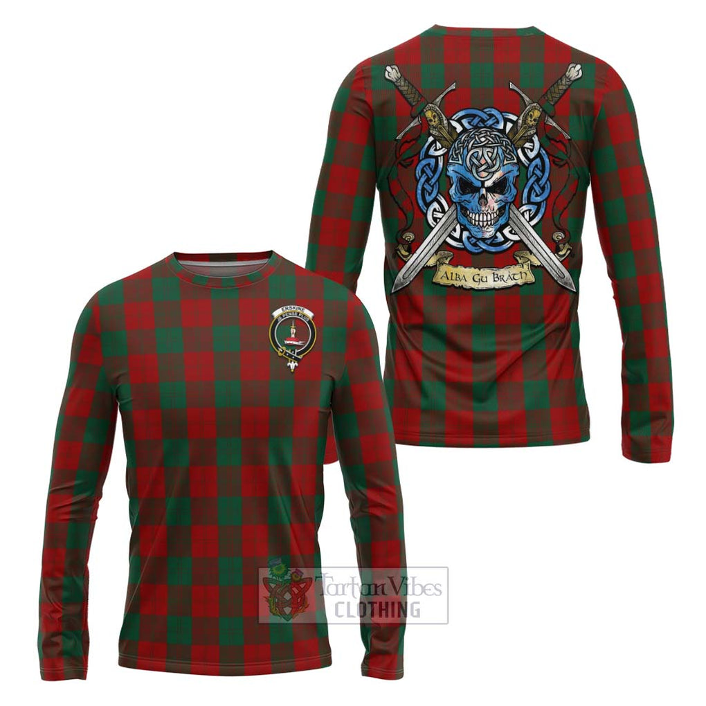 Tartan Vibes Clothing Erskine Tartan Long Sleeve T-Shirt with Family Crest Celtic Skull Style