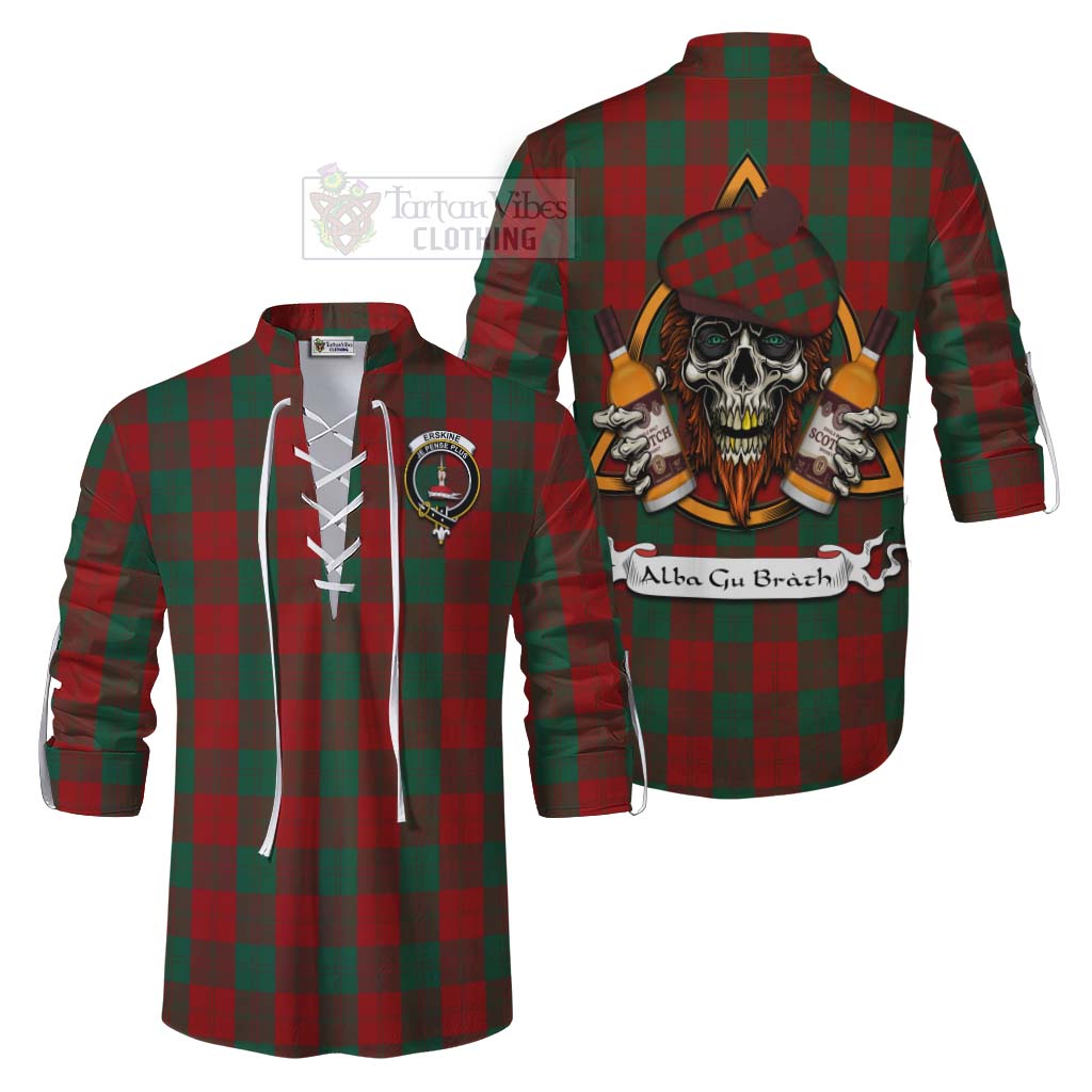 Tartan Vibes Clothing Erskine Tartan Ghillie Kilt Shirt with Family Crest and Bearded Skull Holding Bottles of Whiskey