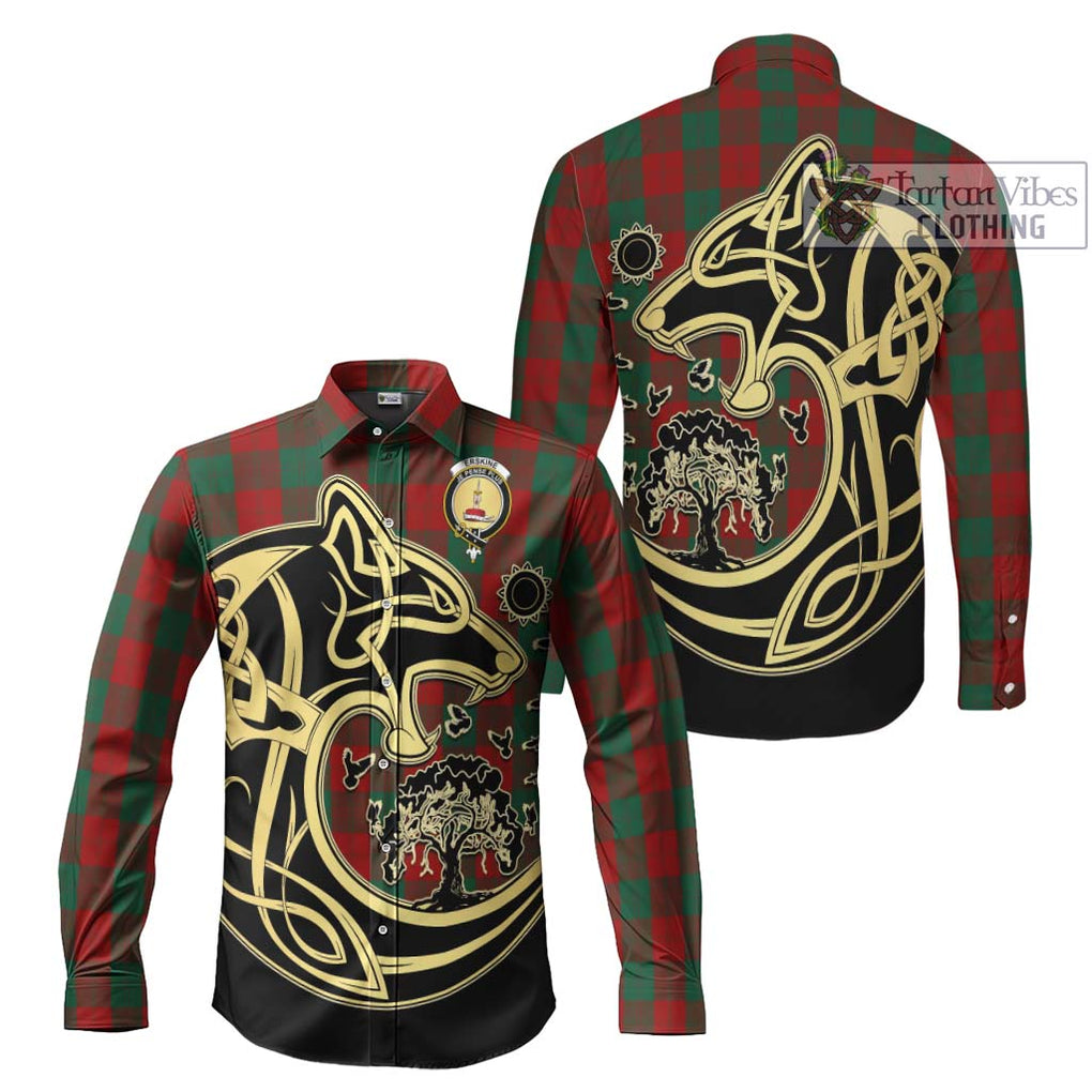 Erskine Tartan Long Sleeve Button Shirt with Family Crest Celtic Wolf Style Men's Shirt S - Tartan Vibes Clothing