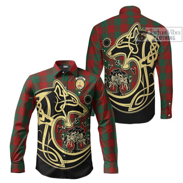 Erskine Tartan Long Sleeve Button Shirt with Family Crest Celtic Wolf Style