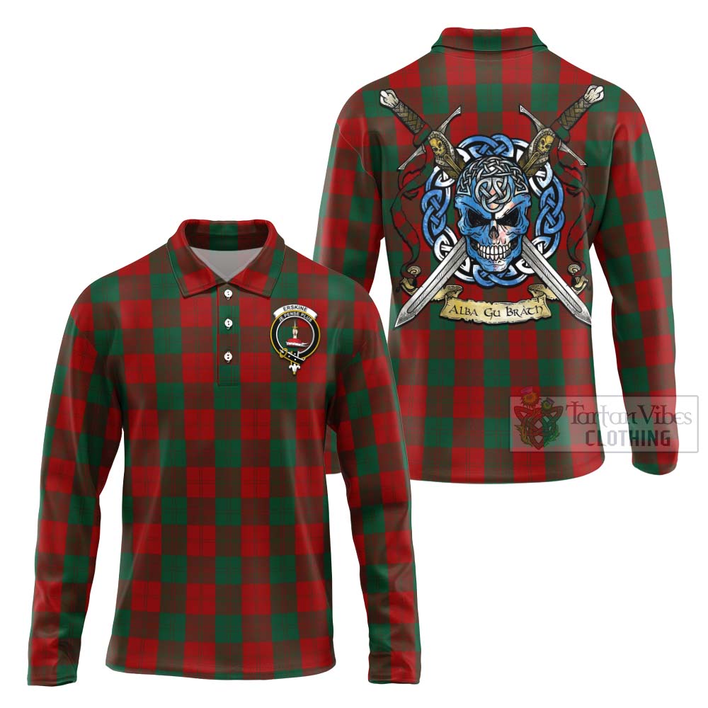 Tartan Vibes Clothing Erskine Tartan Long Sleeve Polo Shirt with Family Crest Celtic Skull Style