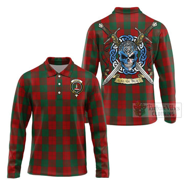 Erskine Tartan Long Sleeve Polo Shirt with Family Crest Celtic Skull Style