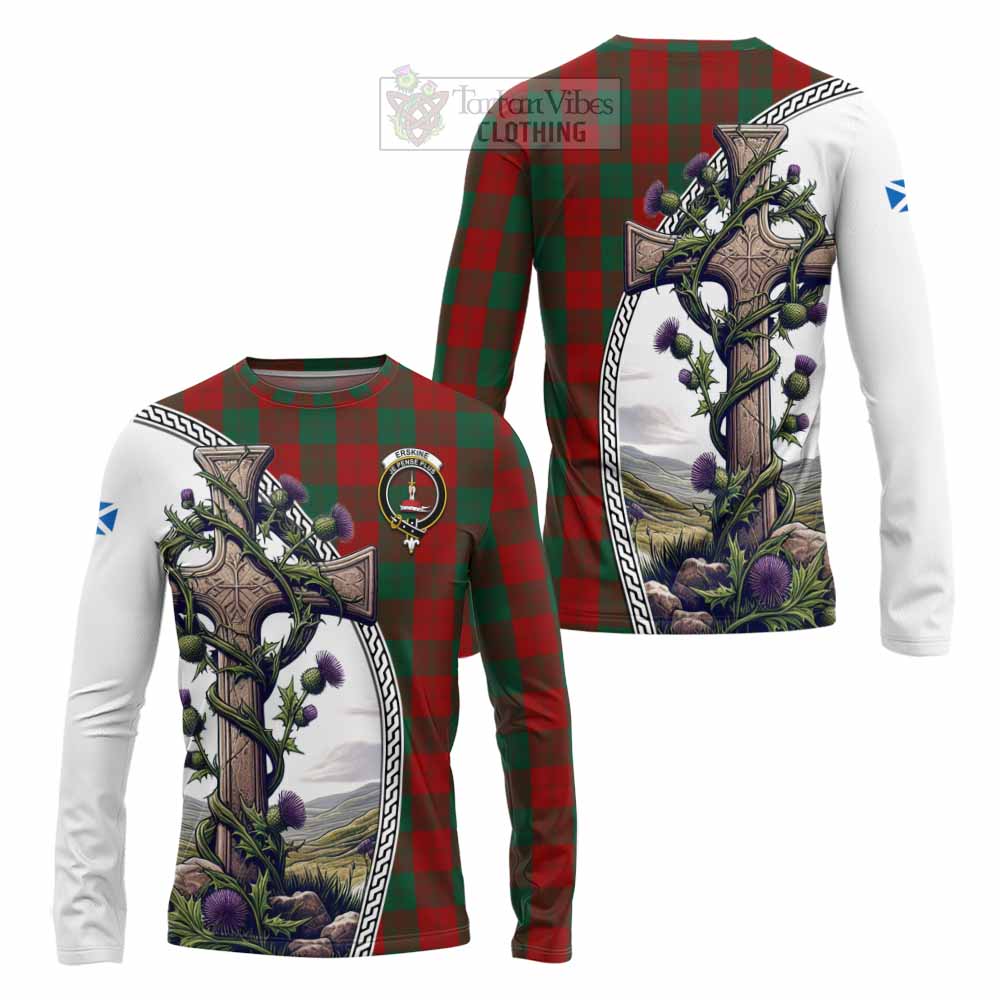 Tartan Vibes Clothing Erskine Tartan Long Sleeve T-Shirt with Family Crest and St. Andrew's Cross Accented by Thistle Vines