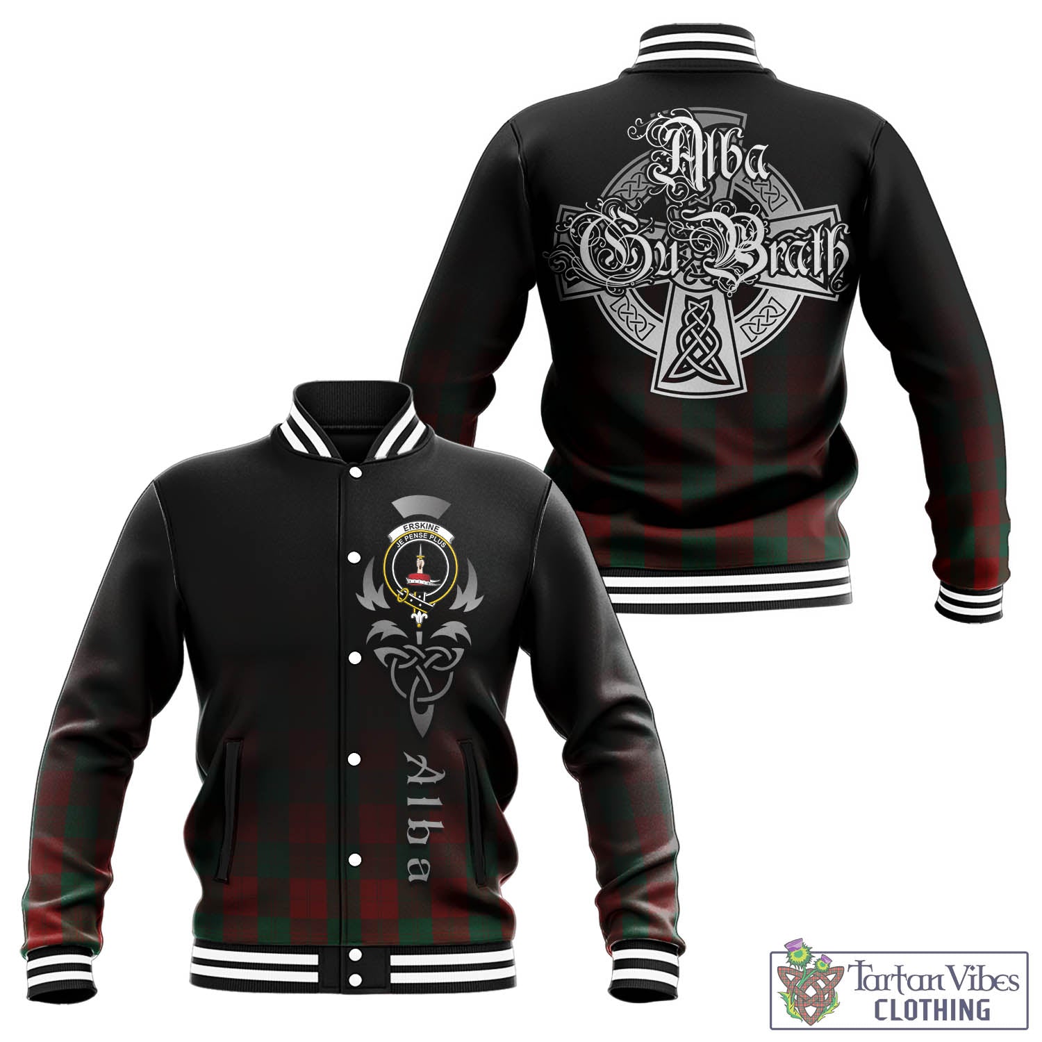 Tartan Vibes Clothing Erskine Tartan Baseball Jacket Featuring Alba Gu Brath Family Crest Celtic Inspired