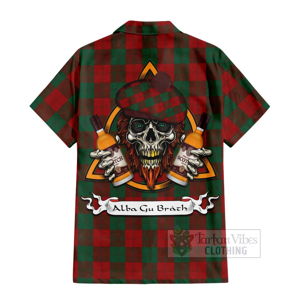 Tartan Vibes Clothing Erskine Tartan Short Sleeve Button Shirt with Family Crest and Bearded Skull Holding Bottles of Whiskey