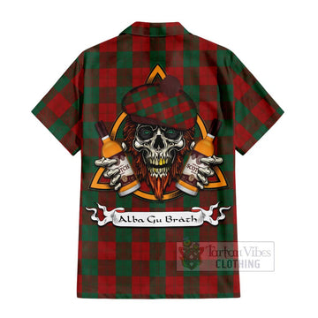 Erskine Tartan Short Sleeve Button Shirt with Family Crest and Bearded Skull Holding Bottles of Whiskey