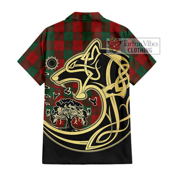 Erskine Tartan Short Sleeve Button Shirt with Family Crest Celtic Wolf Style