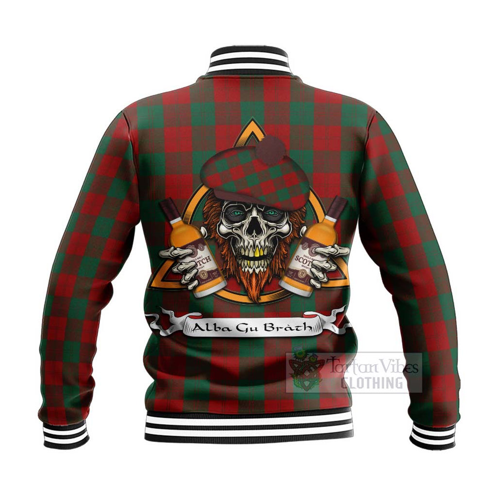 Tartan Vibes Clothing Erskine Tartan Baseball Jacket with Family Crest and Bearded Skull Holding Bottles of Whiskey