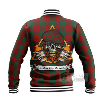 Erskine Tartan Baseball Jacket with Family Crest and Bearded Skull Holding Bottles of Whiskey