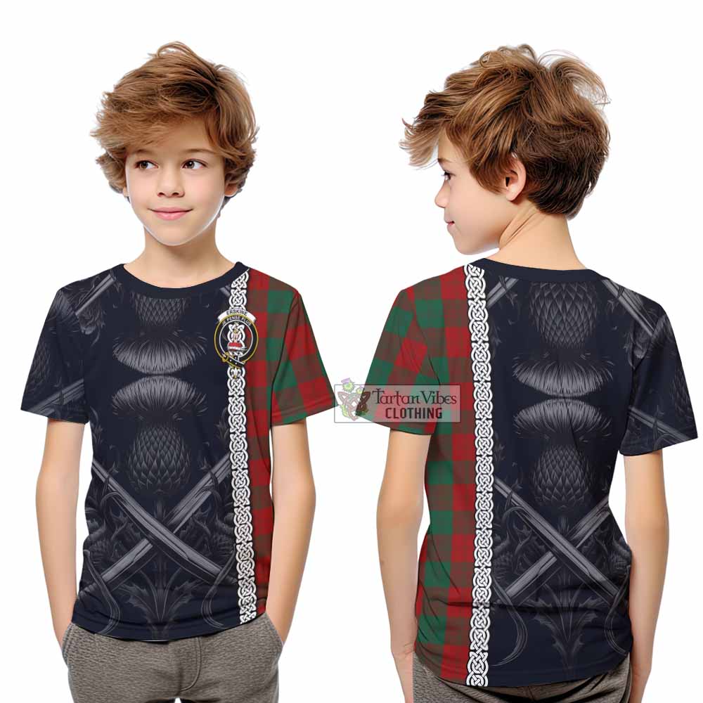 Tartan Vibes Clothing Erskine Tartan Kid T-Shirt with Family Crest Cross Sword Thistle Celtic Vibes