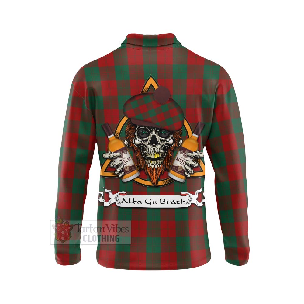 Tartan Vibes Clothing Erskine Tartan Long Sleeve Polo Shirt with Family Crest and Bearded Skull Holding Bottles of Whiskey