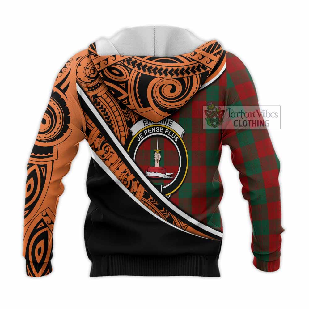 Tartan Vibes Clothing Erskine Crest Tartan Knitted Hoodie with Maori Tattoo Style - Orange Version