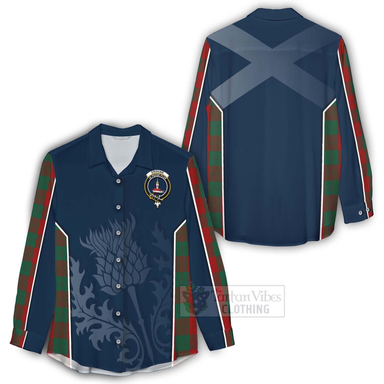 Tartan Vibes Clothing Erskine Tartan Women's Casual Shirt with Family Crest and Scottish Thistle Vibes Sport Style